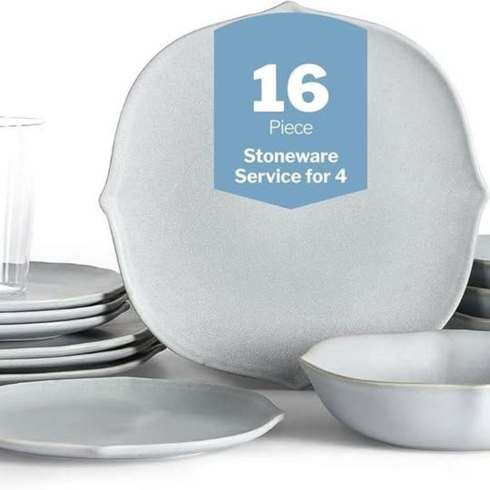 Stone Lain Baskerville 16PC Dinner Set Stoneware Borosilicate Glass Light Blue